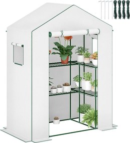 Estufa de jardim 140 x 73 x 190 cm com 1 porta, 2 janelas e 2 prateleiras em forma de U para legumes, plantas e flores; cobertura em PE