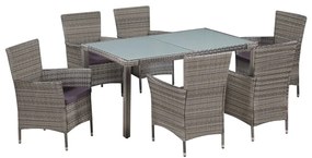 vidaXL 7 pcs conjunto jantar exterior com almofadões vime PE cinzento