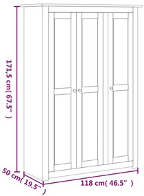 Roupeiro com 3 portas cinzento 118x50x171,5 cm pinho Panamá