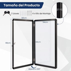 Quadro de Avisos Magnético, 90 x 60 x 3,2 cm, Porta com Fechadura, Preto+Branco