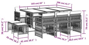 11 pcs conjunto de jantar p/ jardim c/ almofadões vime PE preto