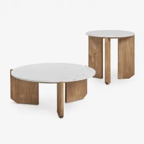 Conjunto De 2 Mesas De Centro Redondas Em Pedra Natural E Madeira De Manga Lavinia Mármore Branco Banswara & Madeira De Manga Rústica - Sklum