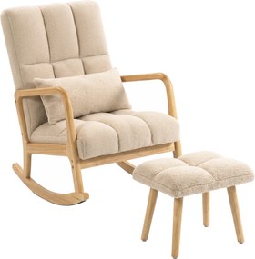 HOMCOM Poltrona de Balanço com Pufe, Cadeira de Balanço em Tecido Bouclé, Pés em Madeira, 64,5 x 82 x 89 cm, Bege | Aosom Portugal