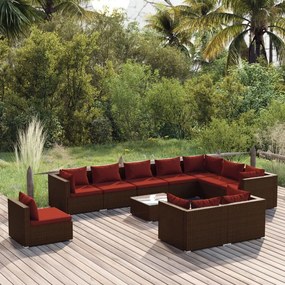 vidaXL 11 pcs conjunto lounge de jardim c/ almofadões vime PE castanho