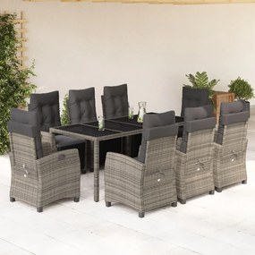 9 pcs conjunto de jantar p/ jardim c/ almofadões vime PE cinza