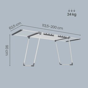Estendal roupa, secador de roupa de pé, 62,5 x (113,5-200) x 90 cm com braços extensíveis Branco-cinza