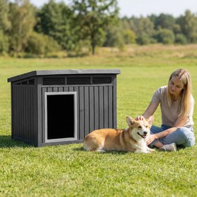 Casota exterior para cães em plástico com porta 81 x 64 x 61 cm, telhado inclinado rebatível e grelhas de ventilação preto