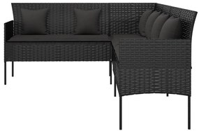 Sofá em forma de L p/ jardim c/ almofadões vime PE preto