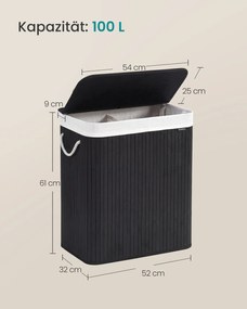 Cesto da roupa suja com 2 compartimentos, 100 L, com tampa, saco de bambu preto