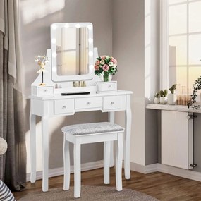 Toucador de madeira e banco com espelho giratório, luzes ajustáveis, 5 gavetas, caixa de armazenamento para quarto, closet branco