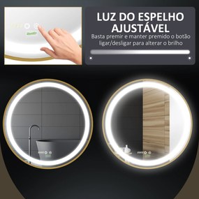 Espelho Casa de Banho com Luz LED Ø60x4cm Espelho Redondo com Interruptor Tátil 3 Luzes Ajustáveis Visualização de Temperatura e Hora Função de Memóri