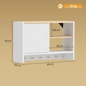 Armário de parede para casa de banho 60 (L) x 20 (P) x 40 (A) cm, móvel de arrumação para casa de banho com porta, prateleiras abertas e 5 ganchos bra