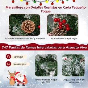 Árvore de Natal pré-iluminada de 185 cm com 747 pontas de ramos, 350 luzes LED, 55 pinhas e 55 bagas vermelhas