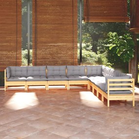 9 pcs conjunto lounge de jardim + almofadões cinza pinho maciço