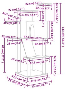 Árvore para gatos c/ postes arranhadores sisal 143 cm cor creme