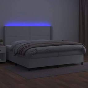 Cama box spring c/colchão/LED 200x200cm couro artificial branco