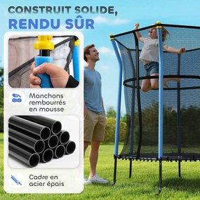 Trampolim infantil Ø 1,63 x 1,9 m com rede de segurança, porta com fecho de correr e 6 postes almofadados incluídos, azul e preto