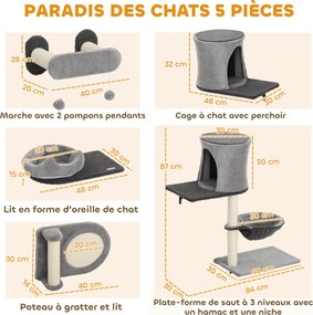 Prateleiras de parede para gatos, árvore de arranhar de parede, 5 peças, 2 compartimentos abertos, rede, plataformas e arranhadores em sisal cinzento