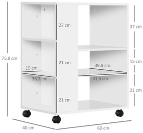 Armário para Impressora Móvel Auxiliar de Escritório com Rodas 3 Prateleiras Laterais e 3 Prateleiras Abertas Carga Máxima 30kg para Dormitório Sala d