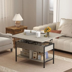 Mesa de centro elevável e extensível 98 x 49 x 55 cm,, com compartimento oculto e prateleiras abertas, cinzenta