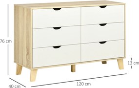 Cómoda de 6 gavetas em estilo escandinavo 120L x 40P x 76A cm, móvel de arrumação cor carvalho e bege