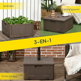 Base de peso para guarda-sol, mesa auxiliar, floreira com drenagem 53 x 53 x 47 cm DESIGN 3 EM 1, rodas, pegas em PE e metal castanho