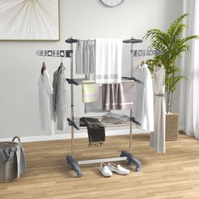 Estendal de roupa dobrável com abas laterais, para uso interior e exterior, 3 níveis, 142 x 55 x 152 cm, cinzento