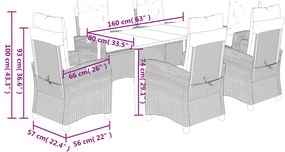 7 pcs conjunto de jantar p/ jardim c/ almofadões vime PE cinza