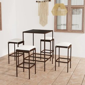 vidaXL 5 pcs conjunto de bar p/ jardim com almofadões vime PE castanho