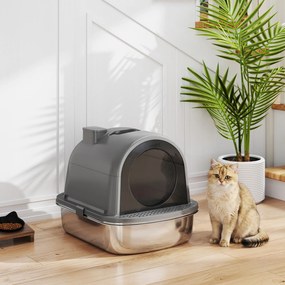 Casa de Banho para Gato Caixa de Areia Fechada, Limpeza fácil, Caixa Aço Inoxidável, 52,4x41,3x39,9cm, cinza escuro