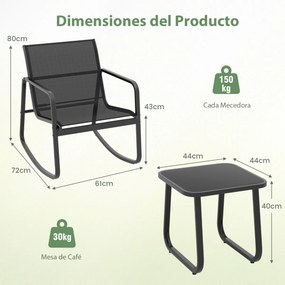 Conjunto jardim bistrô com 2 cadeiras de baloiço mesa com tampo de vidro para jardim exterior e varanda Preto