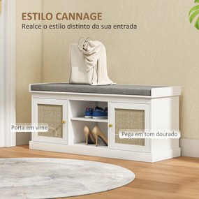 Banco Sapateira com Assento Acolchoado Portas em Vime e Prateleira Aberta para 9 Pares de Sapatos 105x35x47 cm Branco