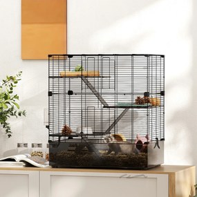 Gaiola para Pequenos Animais de 4 Níveis com Bandeja Inferior Gaiola para Roedores com Rampas Comedouro e Bebedouro 73x47x80 cm Preto