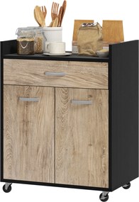 Carrinho de serviço de cozinha com rodas 60 L x 40 P x 77 A cm, gaveta, armário de duas portas e prateleira em madeira cinzenta com efeito de madeira,