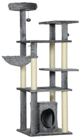 PawHut Arranhador para Gatos com Poste de Arranhar de Sisal Cama Caverna Plataformas e Bolas Suspensas 49x49x144 cm Cinza