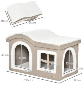 Casa Dobrável para Gatos Caverna para Gatos Grande com Tampa Removível Almofadas 2 Entradas e Janela 63,5x37x40cm Bege