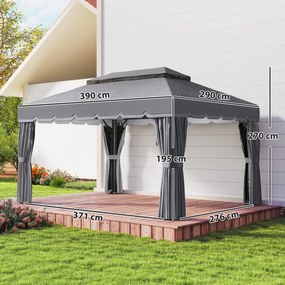 Pérgola de Jardim 390x290x270 cm com 4 Cortinas Laterais 4 Telas Mosquiteiras e 8 Orifícios de Drenagem Cinza