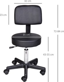 Banco de massagem com rodas, altura ajustável, giratório e encosto ergonómico, preto
