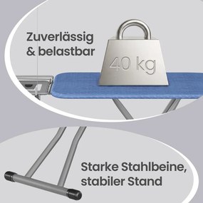 Tabua de engomar dobrável, 160 x 48,5 x (75-92) cm com altura ajustável e suporte para cabos azul-preto