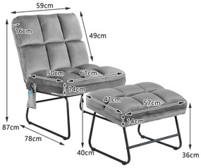 Cadeira de Massagem Eléctrica com Sofá Otomano de Veludo com Controlo Remoto 5 Modos de Vibração 4 Motores de Massagem de Toque Cinzento
