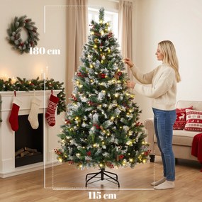 Árvore de Natal Nevada 180 cm com 250 LED 11 Modos Comando à Distância 840 Pontas 34 Pinhas e 34 Bagas Verde