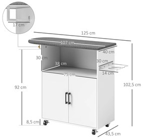 Móvel de Engomar a Ferro com Rodas Barra para Pendurar Roupa Estante Aberto e Tábua de Passar 125x43,5x102,5 cm Branco