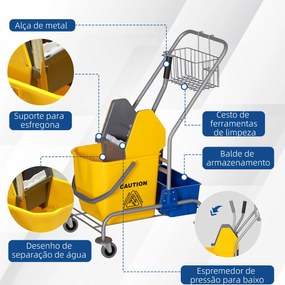 Carro de Limpeza Profissional Balde de Esfregona com Rodas Balde Removível de 25 Litros 72x49,5x95 cm Amarelo