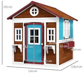 Casa de Brincar Infantil para Jardim Casa de Madeira para Crianças com Porta Janelas e Floreiras 114x127x135 cm Castanho