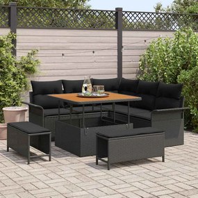 vidaXL Conjunto de Sofá de Jardim 8 Peças com Almofadas Rattan de Polipropileno Preto e Madeira de Acácia.