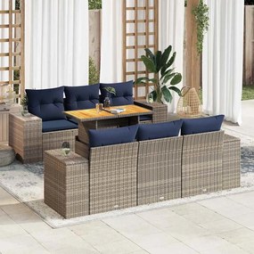 7 pcs conjunto sofás p/ jardim c/ almofadões vime PE cinzento