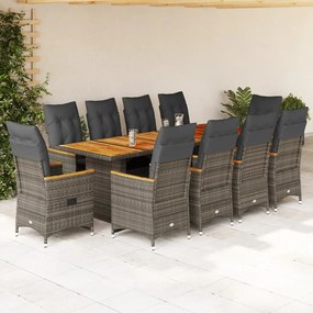 11 pcs conjunto bistrô de jardim c/ almofadões vime PE cinzento