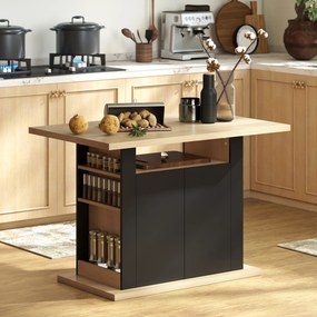 Mesa de jantar em ilha central de cozinha com ampla bancada para 4-6 pessoas, armário de 4 portas, 110 x 70 x 75,5 cm, preto e natural