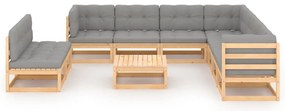 10 pcs conjunto lounge de jardim c/ almofadões pinho maciço