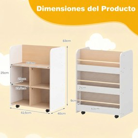 Estante infantil de 3 níveis com rodas 62,5 x 40 x 83 cm, carrinho de dupla face para livros, creche ou sala de aula, branca